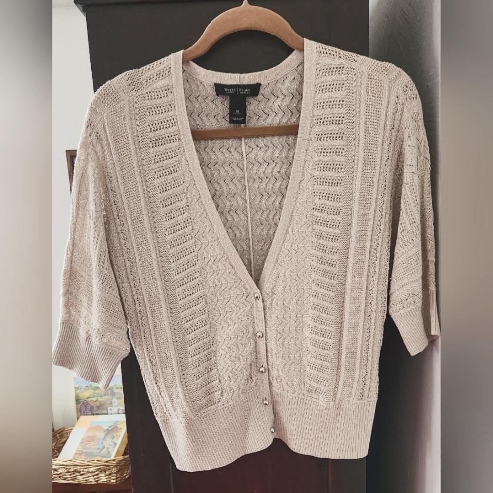 White House Black Market Beige Knit Button-Front Cardigan